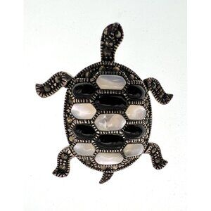 Sterling Silver MOP Black Onyx Marcasite Articulate Turtle Brooch Pin